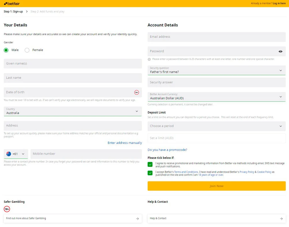 Betfair sign up